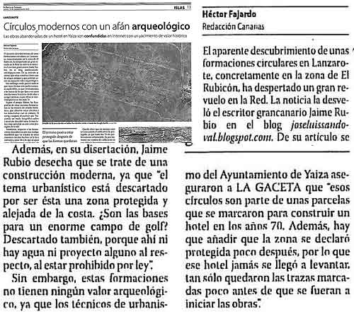 Artículo y extractos de La Gaceta donde Héctor P. F. confirma que el Ayuntamiento de Yaiza declaró el asunto como la hubicación de un hotel